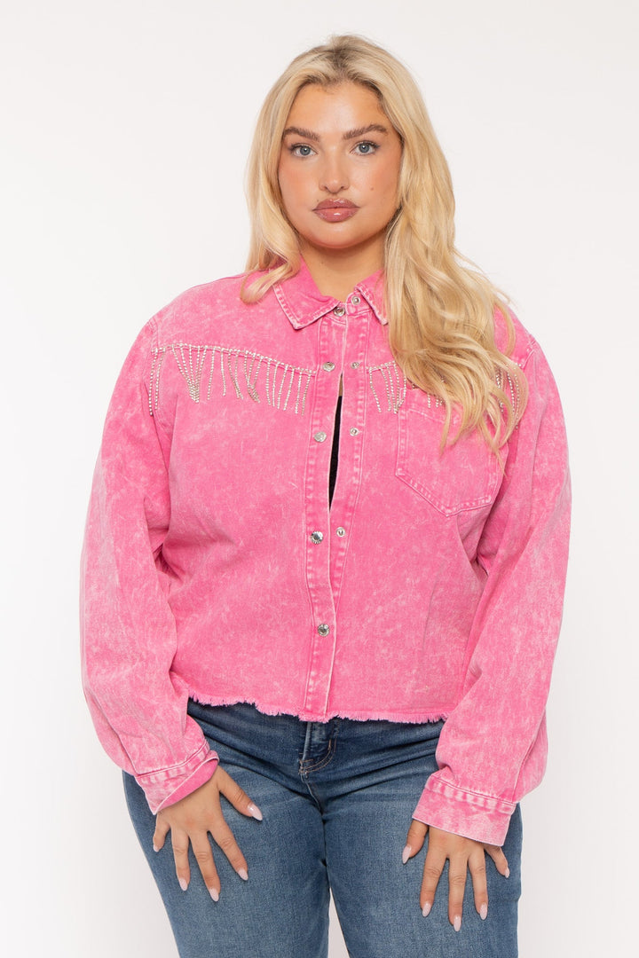 GEE GEE Jackets And Outerwear Plus Size Rhinestone Denim Jacket -  Pink