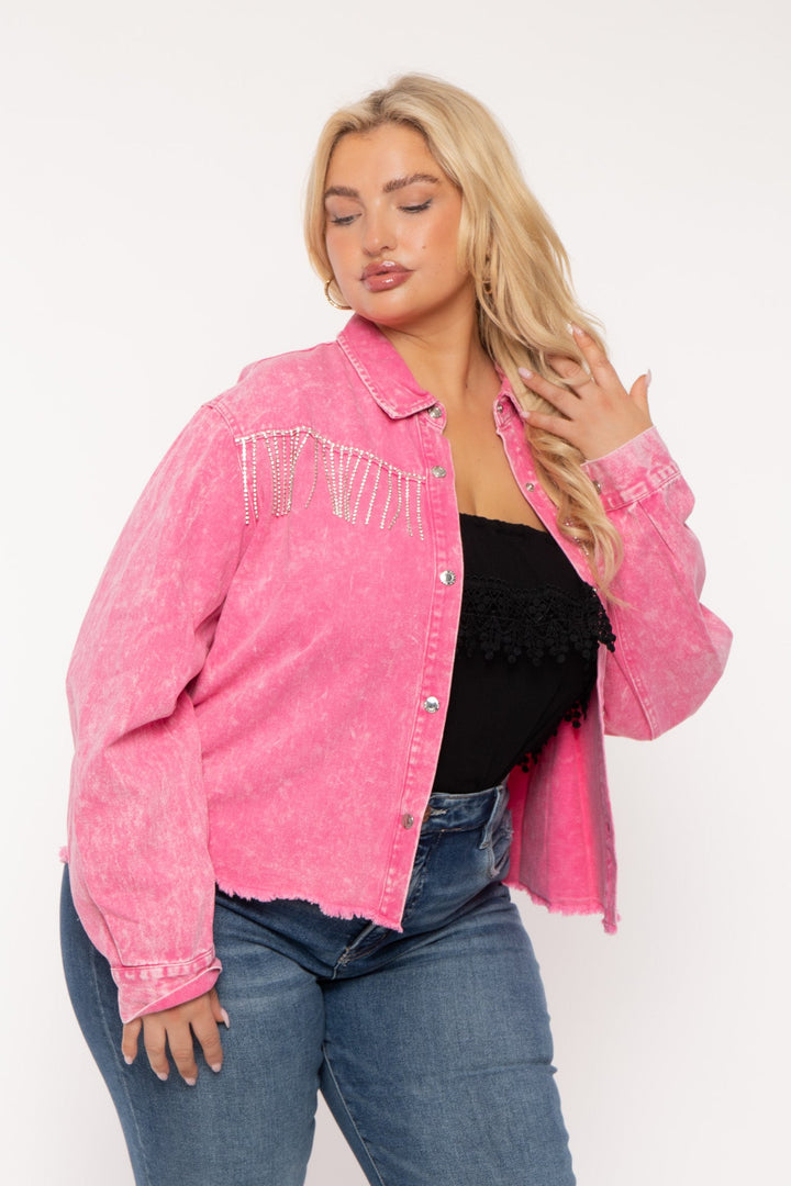 GEE GEE Jackets And Outerwear Plus Size Rhinestone Denim Jacket -  Pink