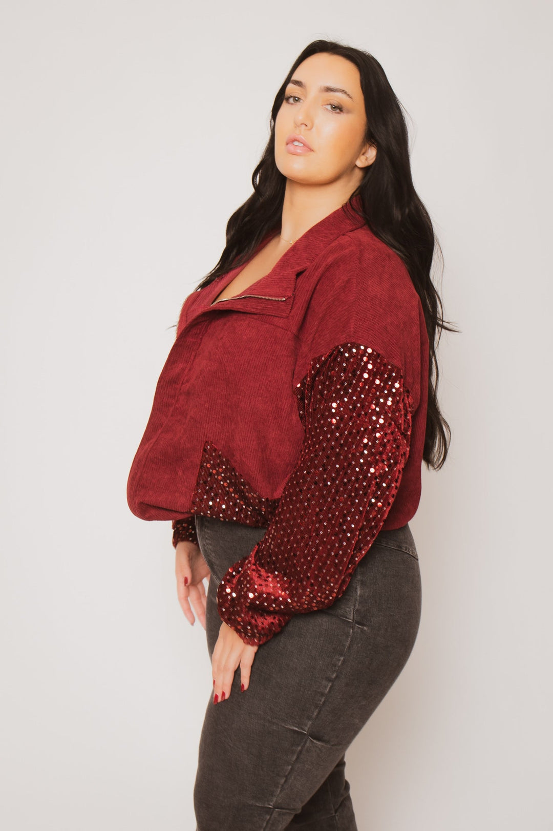 Oddi Jackets And Outerwear Plus Size  Sequin Corduroy Jacket - Burgundy