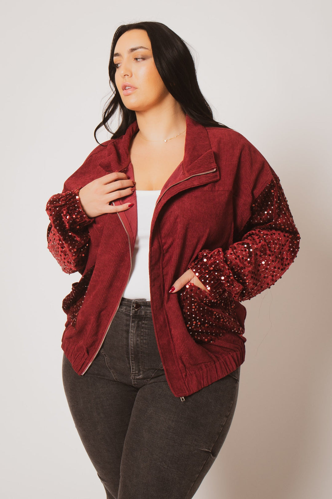 Oddi Jackets And Outerwear Plus Size  Sequin Corduroy Jacket - Burgundy
