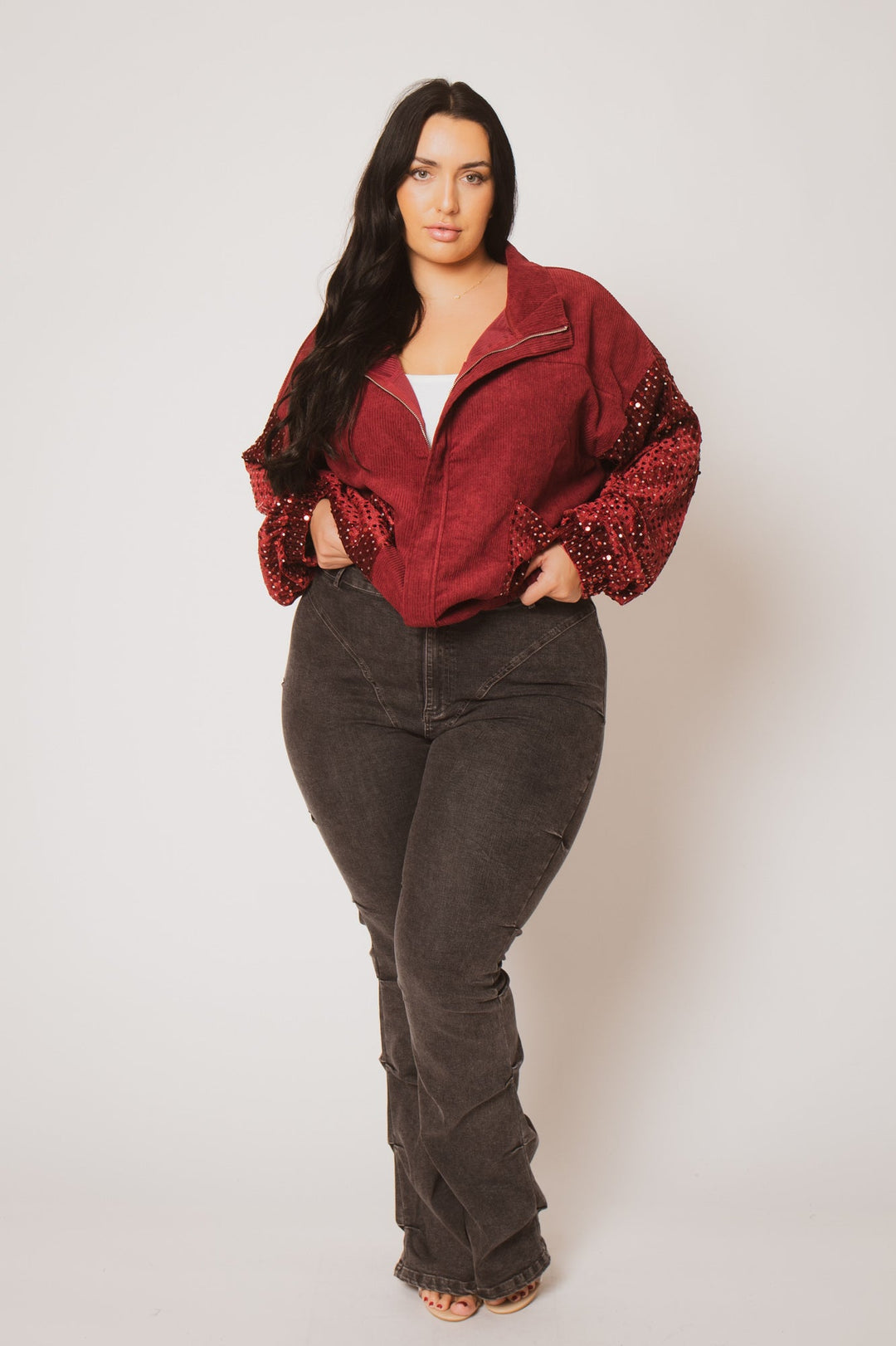 Oddi Jackets And Outerwear Plus Size  Sequin Corduroy Jacket - Burgundy