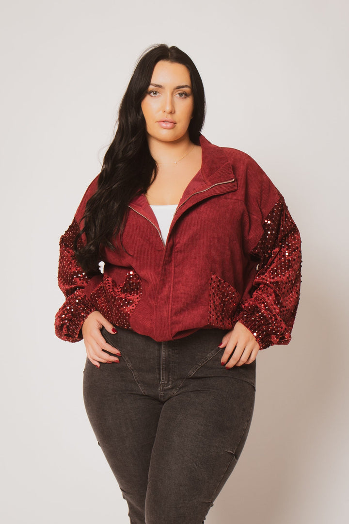 Oddi Jackets And Outerwear Plus Size  Sequin Corduroy Jacket - Burgundy