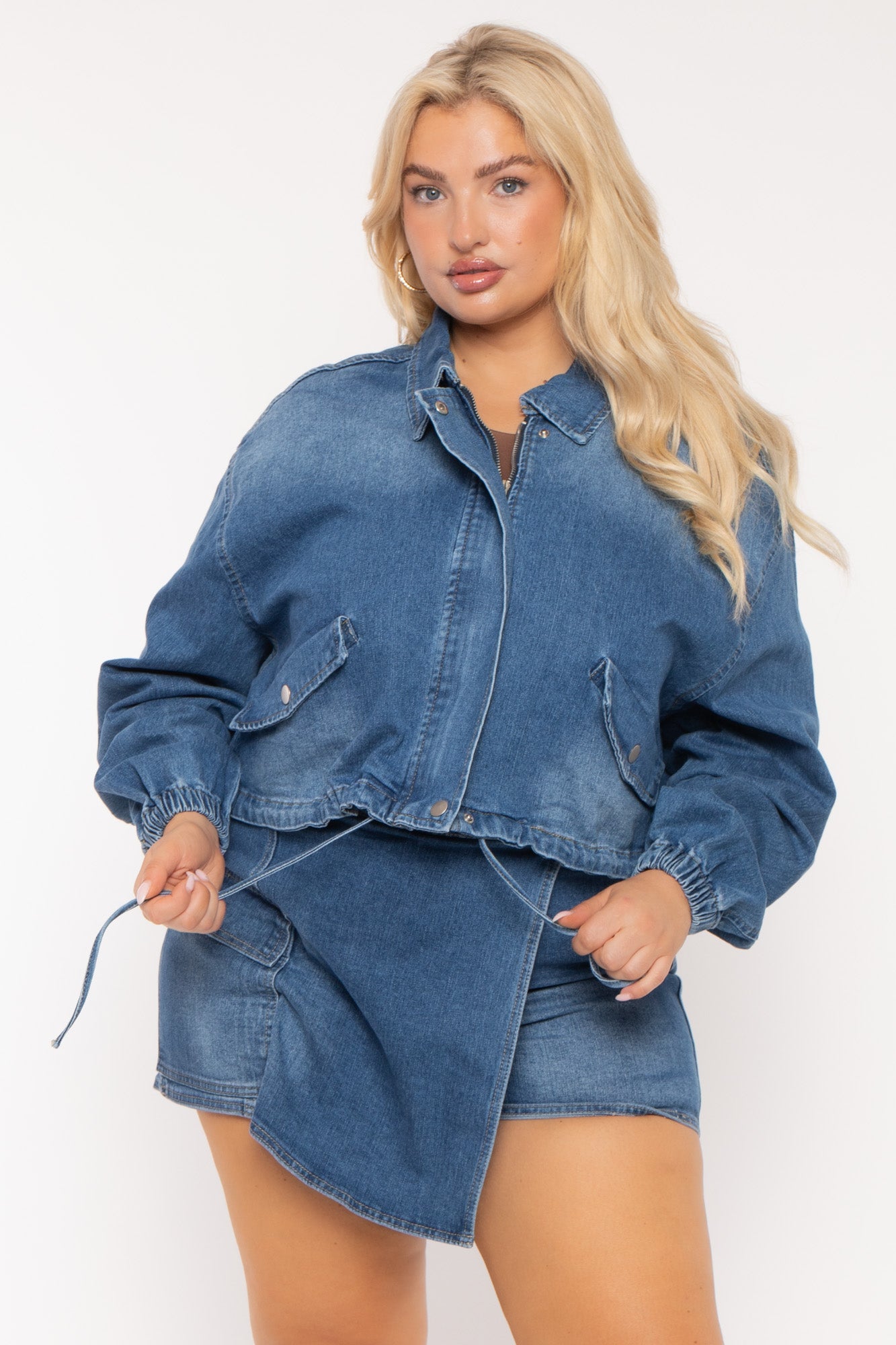 Women's Plus Size Sheila Drawstring Denim Jacket -Blue - Curvy Sense