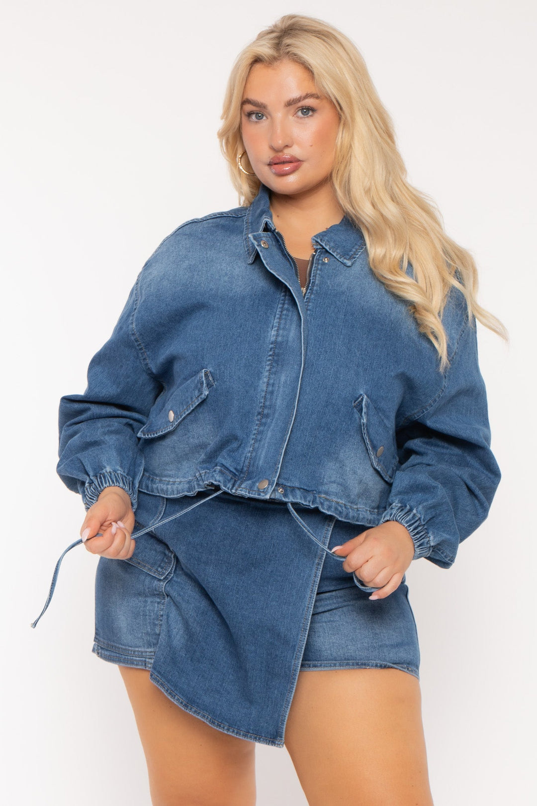 American Bazi Jackets And Outerwear Plus Size Sheila Drawstring Denim  Jacket  -Blue