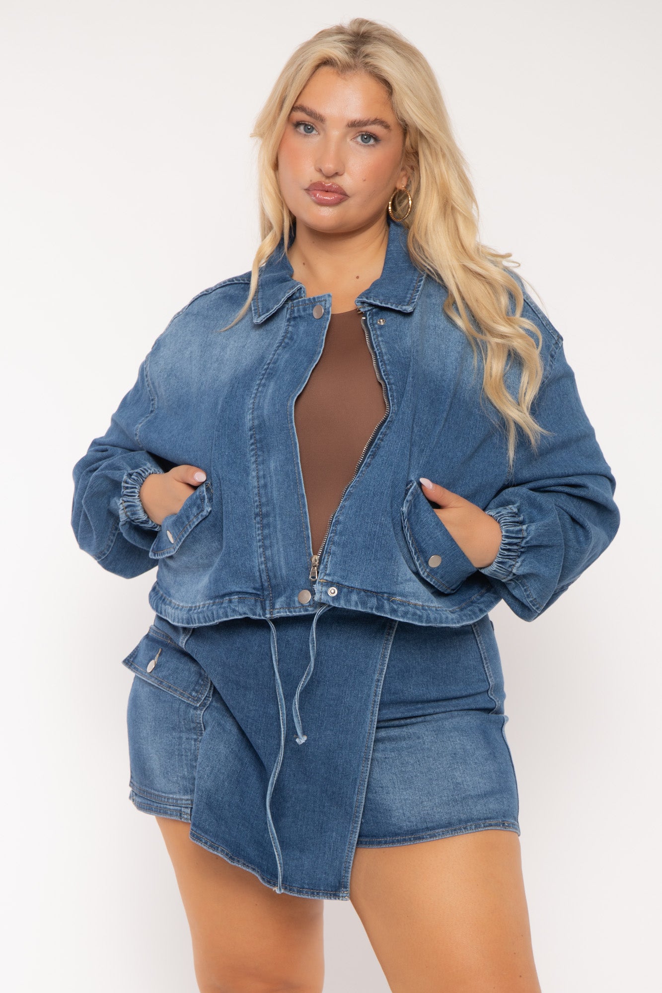 Women's Plus Size Sheila Drawstring Denim Jacket -Blue - Curvy Sense