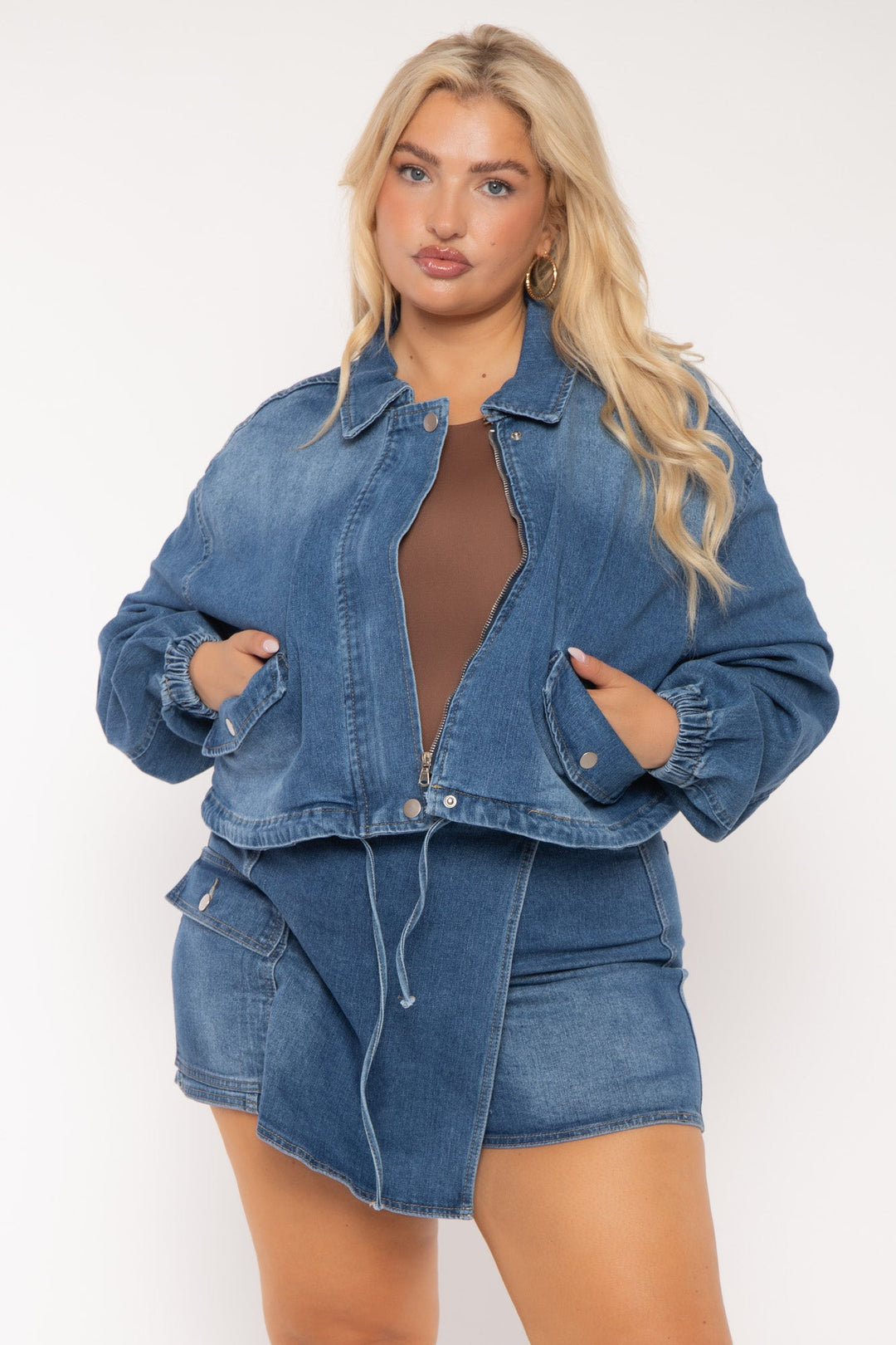 American Bazi Jackets And Outerwear Plus Size Sheila Drawstring Denim  Jacket  -Blue