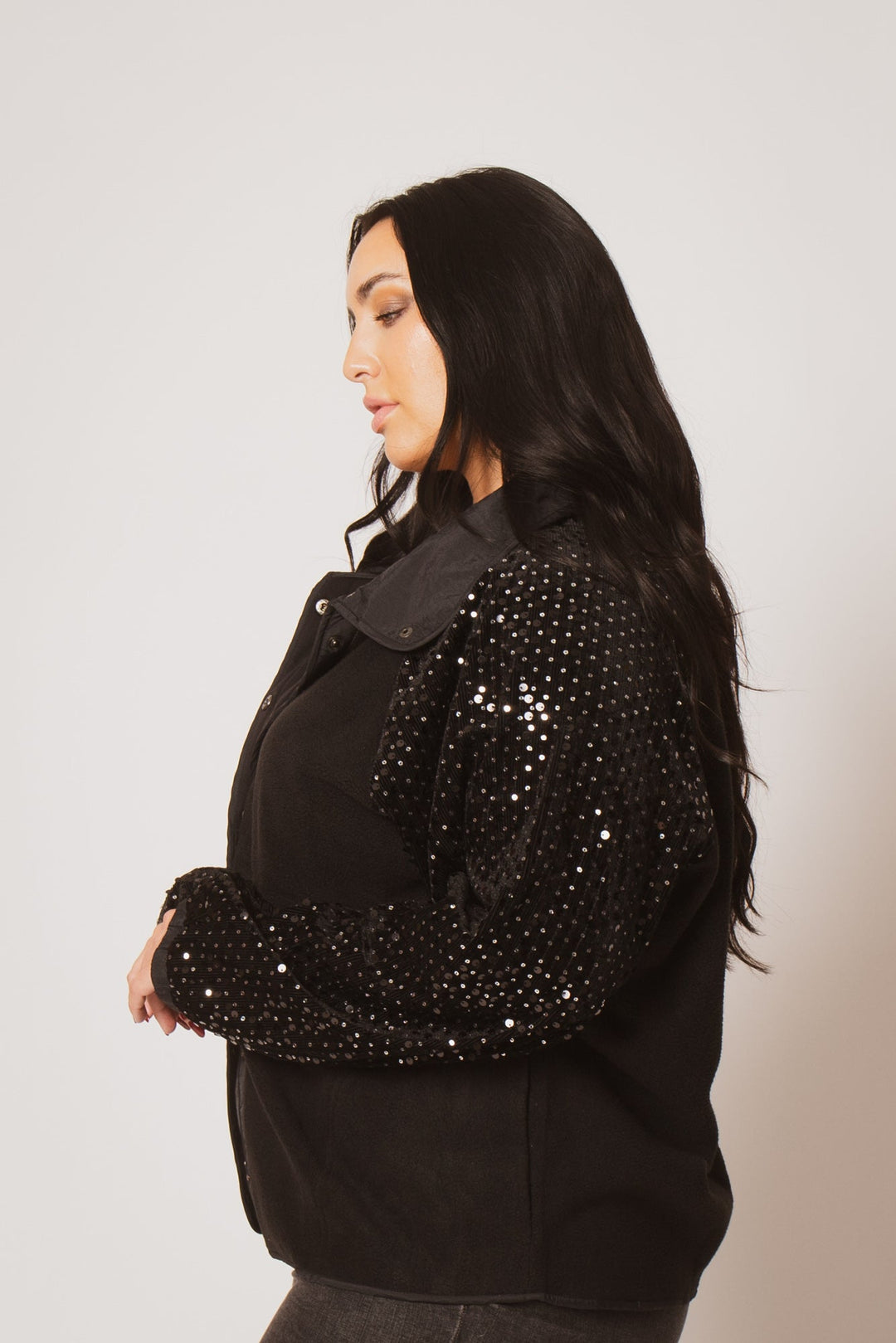 Oddi Jackets And Outerwear Plus Size Sparkle Sleeve Shacket - Black