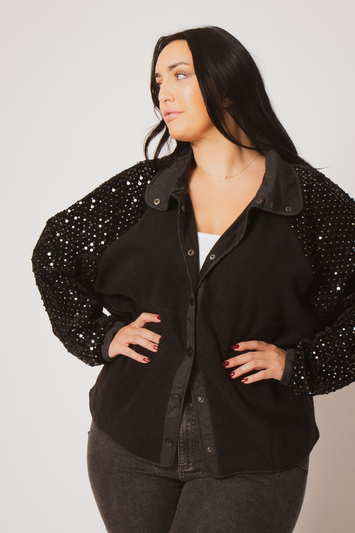 Oddi Jackets And Outerwear Plus Size Sparkle Sleeve Shacket - Black