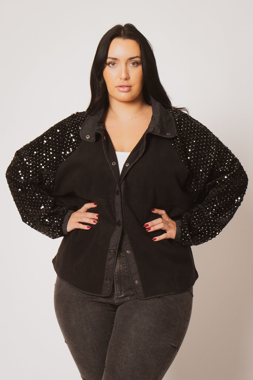 Oddi Jackets And Outerwear Plus Size Sparkle Sleeve Shacket - Black