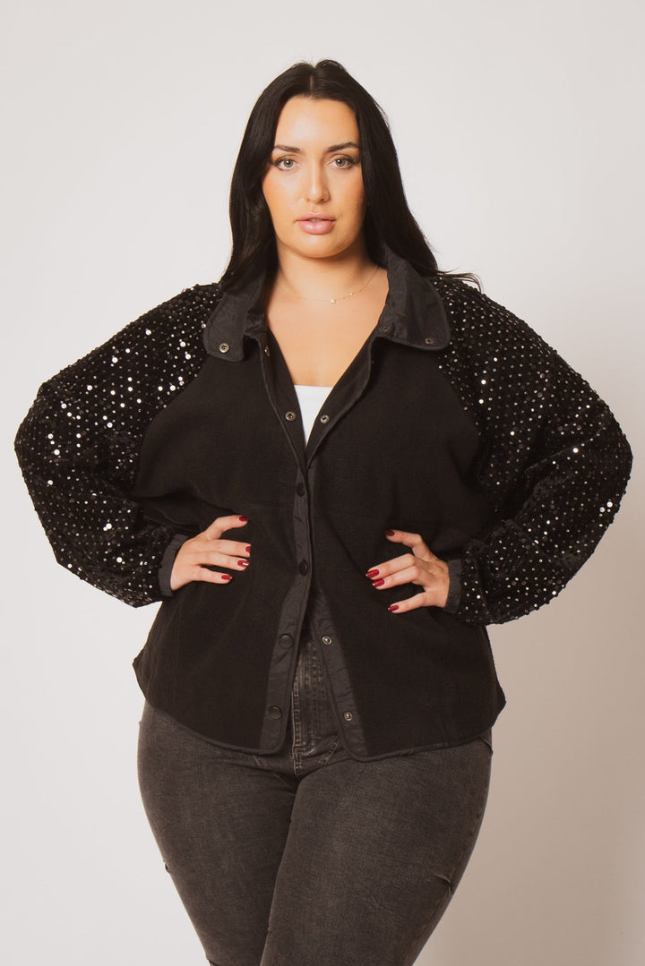 Oddi Jackets And Outerwear Plus Size Sparkle Sleeve Shacket - Black