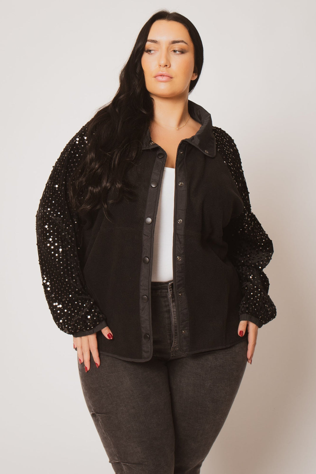 Oddi Jackets And Outerwear Plus Size Sparkle Sleeve Shacket - Black