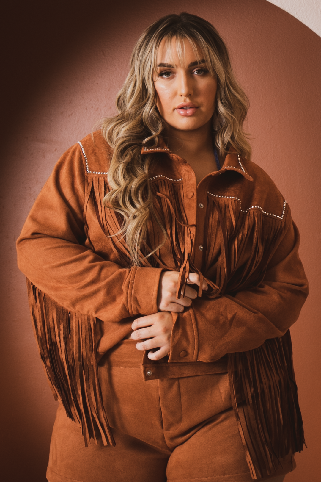 Jade By Jane Jackets And Outerwear Plus Size Suede Studded Fringe Jacket - Camel