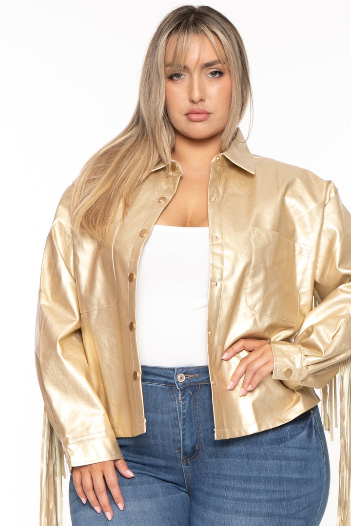 GEE GEE Jackets And Outerwear Plus Size Tiffany Fringe Metallic Jacket - Gold