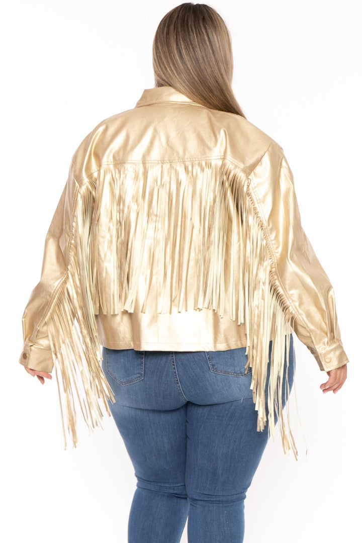 GEE GEE Jackets And Outerwear Plus Size Tiffany Fringe Metallic Jacket - Gold