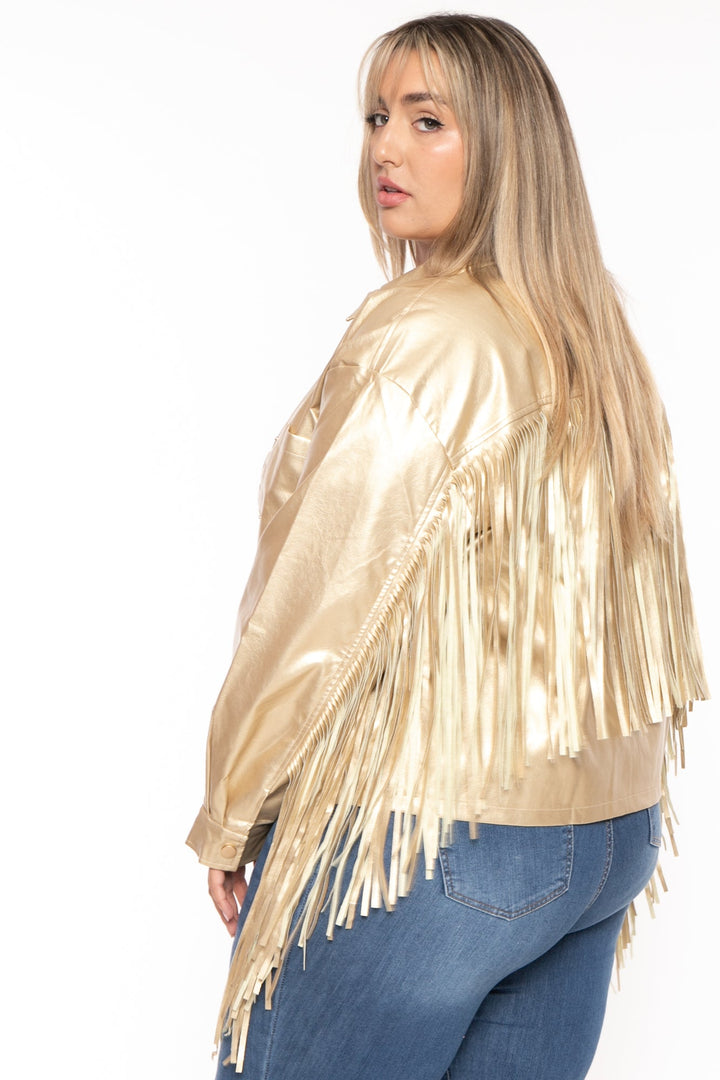 GEE GEE Jackets And Outerwear Plus Size Tiffany Fringe Metallic Jacket - Gold