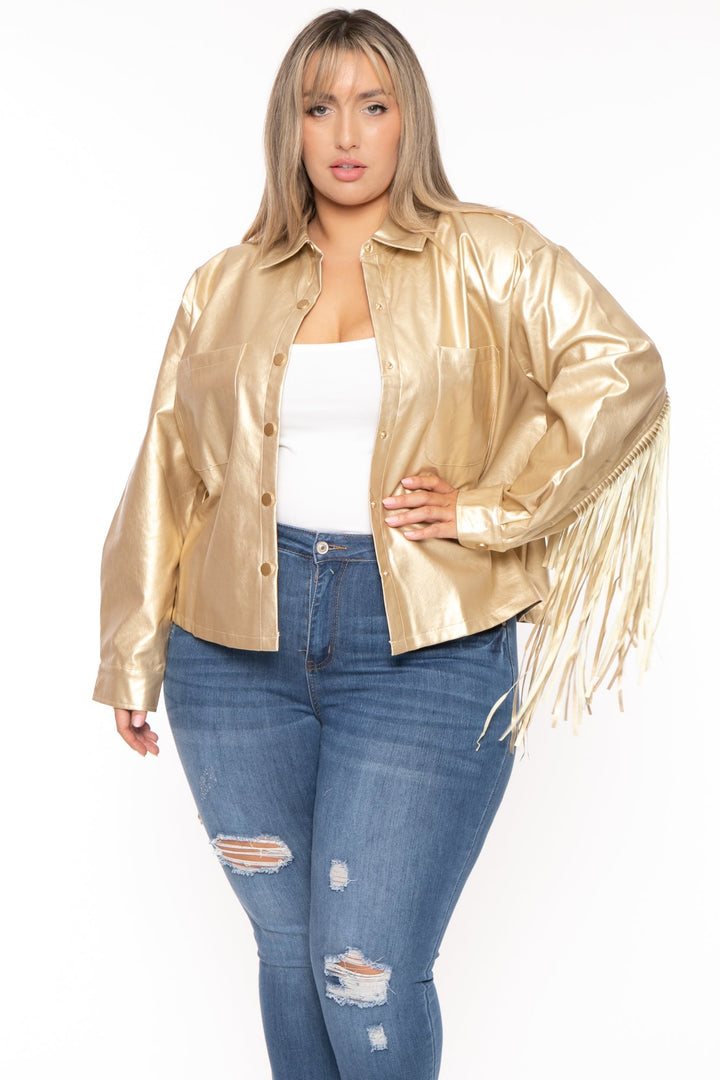 GEE GEE Jackets And Outerwear 1X / Gold Plus Size Tiffany Fringe Metallic Jacket - Gold