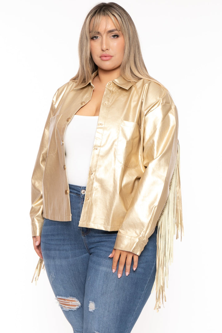 GEE GEE Jackets And Outerwear Plus Size Tiffany Fringe Metallic Jacket - Gold