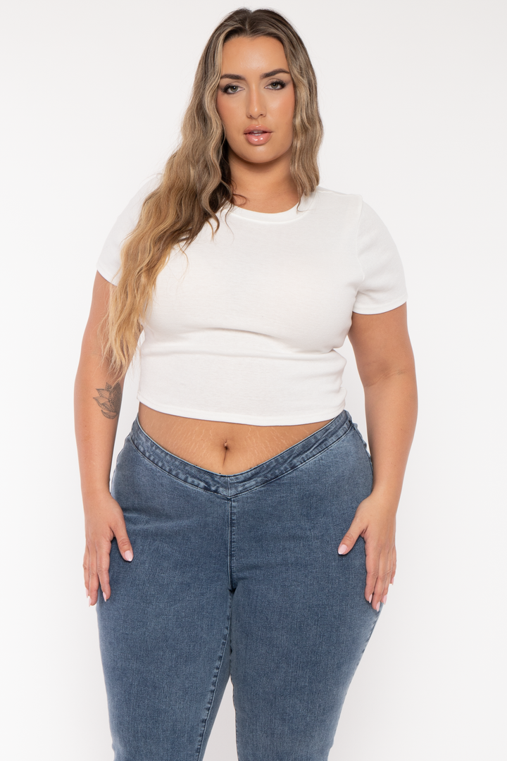 YMI Jeans Plus Mid Low Rise V-Front Pull on flare Jeans- Medium Wash