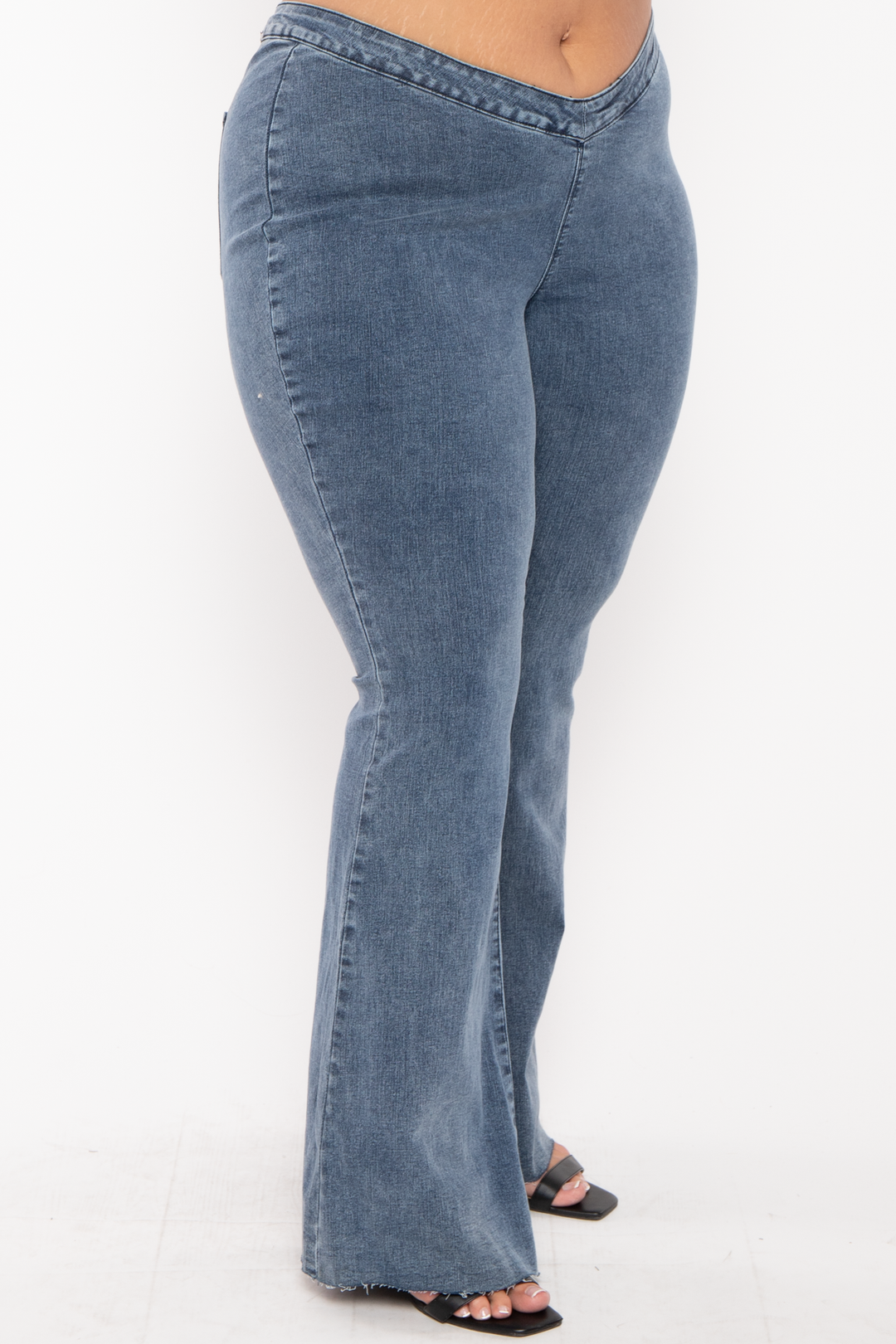 YMI Jeans Plus Mid Low Rise V-Front Pull on flare Jeans- Medium Wash