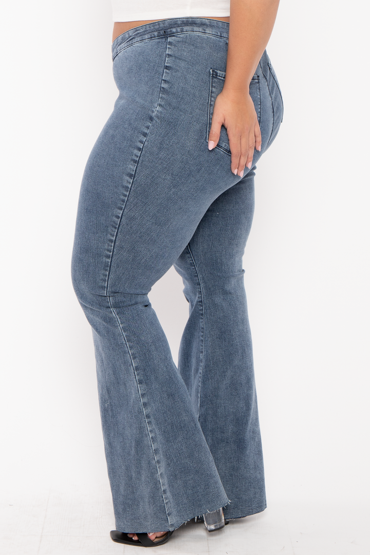 YMI Jeans Plus Mid Low Rise V-Front Pull on flare Jeans- Medium Wash