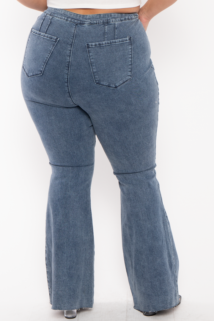 YMI Jeans Plus Mid Low Rise V-Front Pull on flare Jeans- Medium Wash