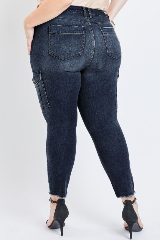 YMI Jeans Plus Mid-Rise Ankle Cargo Pant W/Frayed Hem- Dark Wash