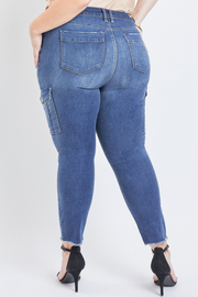 YMI Jeans Plus Mid-Rise Ankle Cargo Pant W/Frayed Hem- Medium Wash