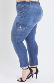 YMI Jeans Plus Mid-Rise Ankle Cargo Pant W/Frayed Hem- Medium Wash