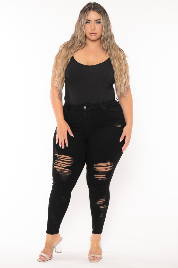 Wax Jean Jeans Plus Size Destroyed  High Waist  Jean - Black