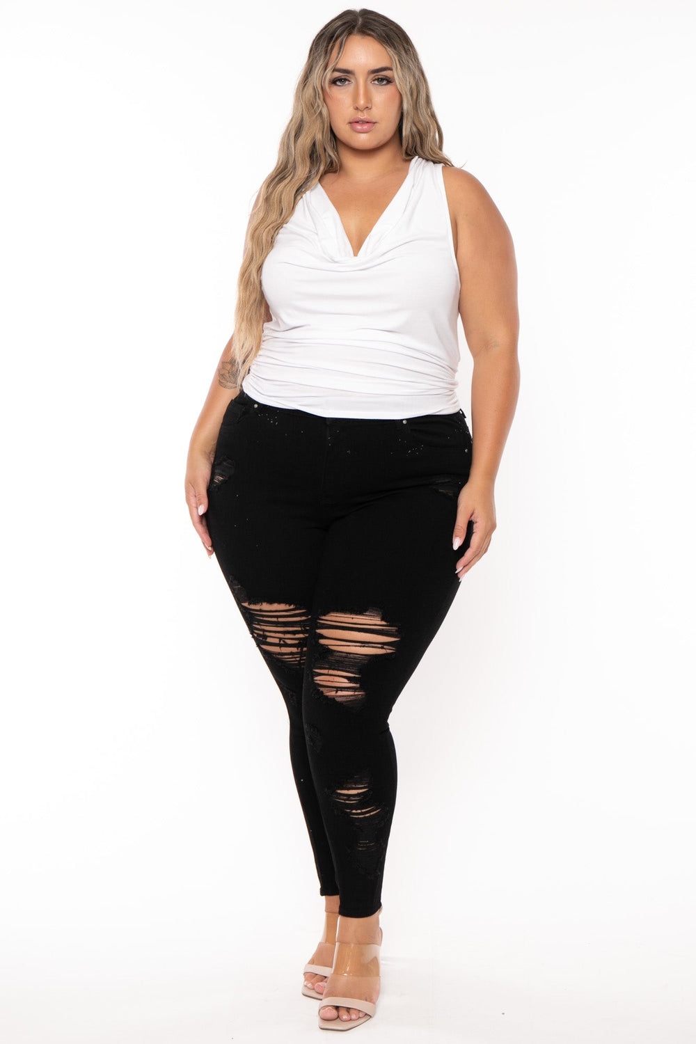 Wax Jean Jeans Plus Size Destroyed  High Waist  Jean - Black