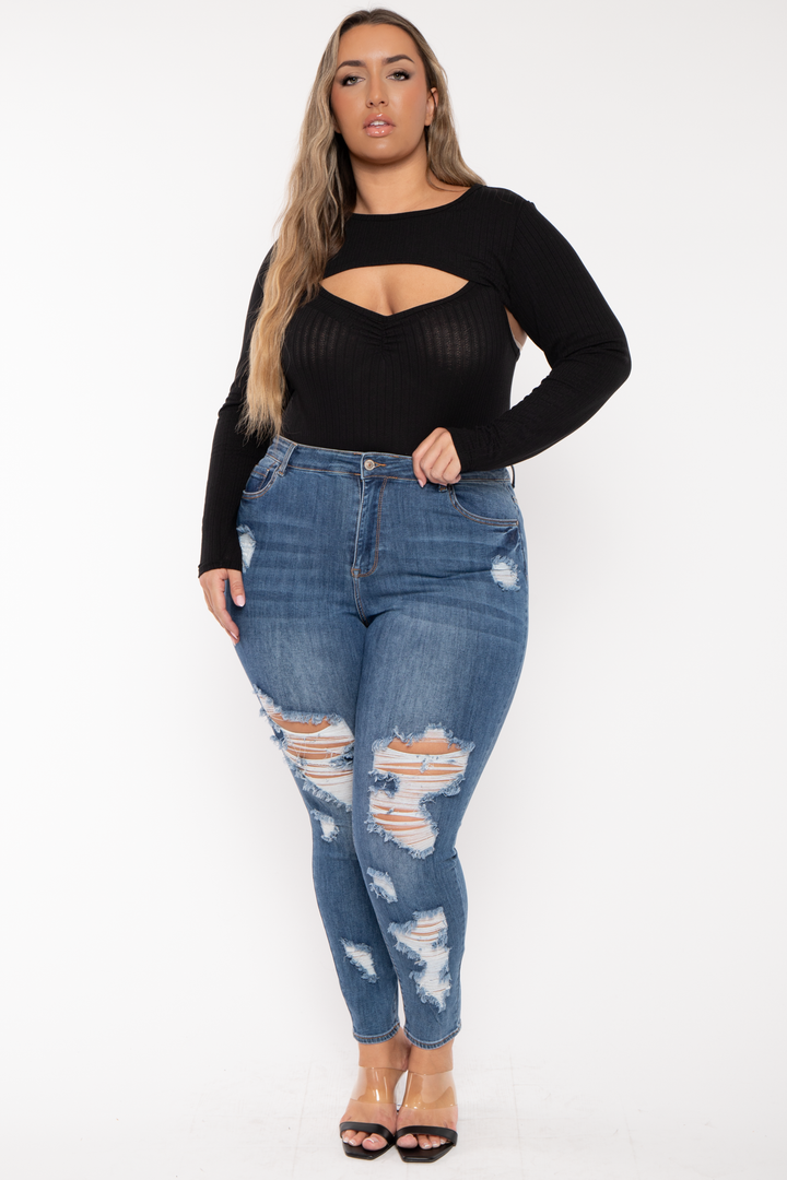 Wax Jean Jeans Plus Size Destroyed  High Waist  Jean - Blue