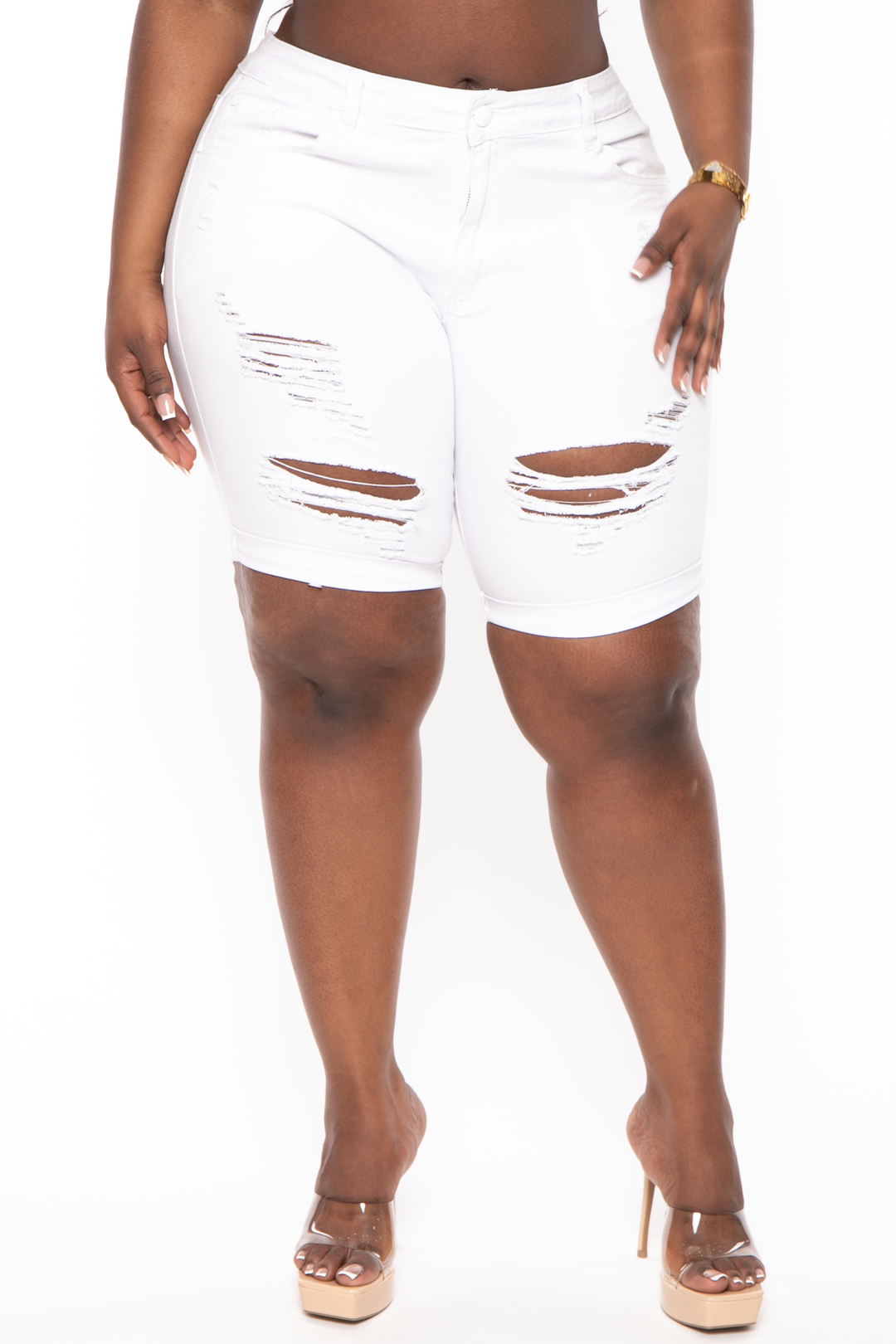 Wax Jean Jeans 14 / White Plus Size Distressed Bermuda Jean Shorts - White