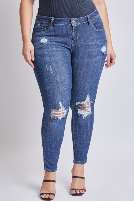 YMI Jeans Plus Size Gotcha Mid Waist Distressed Skinny Jean - Dark Wash