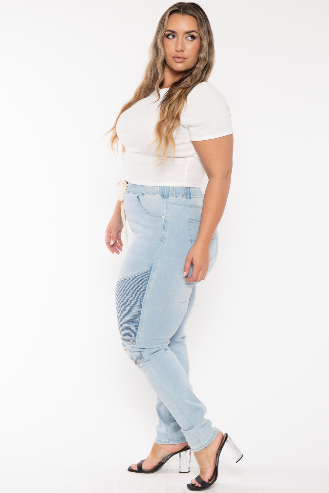 American Bazi Jeans Plus Size  High Rise Moto Shirred Denim Jogger -Light Blue