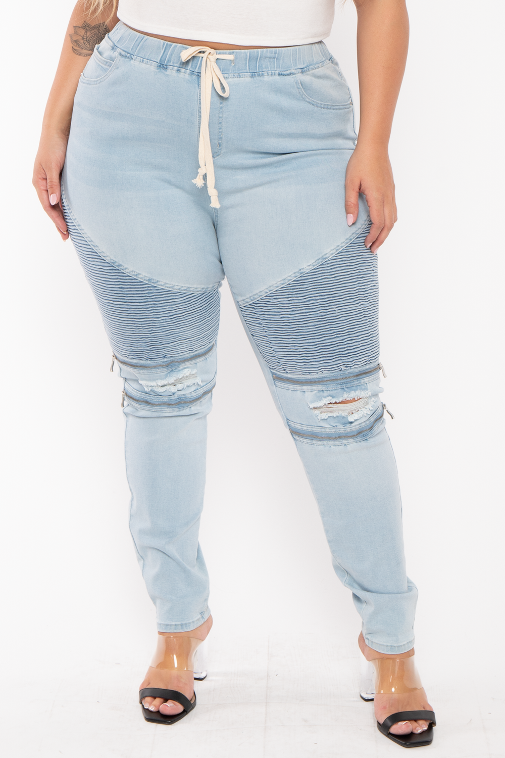 American Bazi Jeans Plus Size  High Rise Moto Shirred Denim Jogger -Light Blue