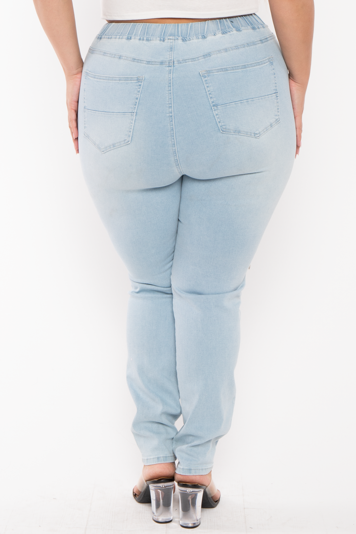 American Bazi Jeans Plus Size  High Rise Moto Shirred Denim Jogger -Light Blue