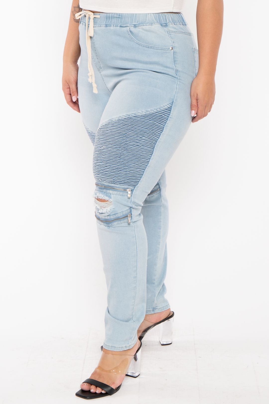 American Bazi Jeans Plus Size  High Rise Moto Shirred Denim Jogger -Light Blue