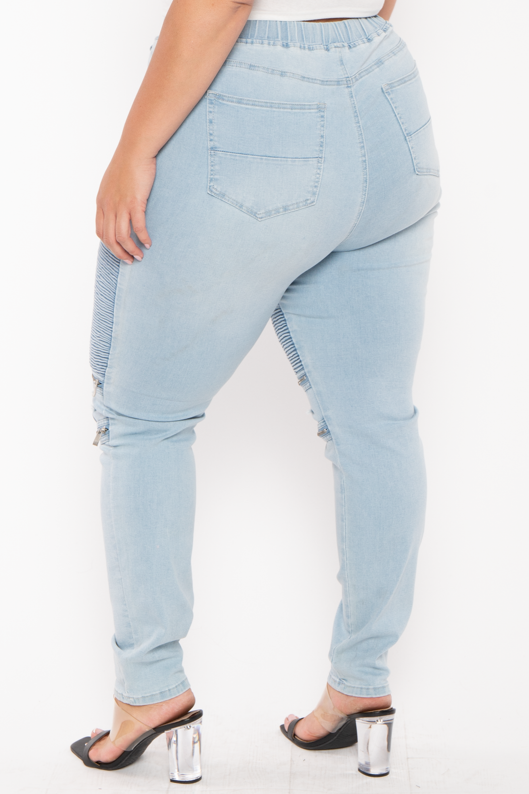 American Bazi Jeans Plus Size  High Rise Moto Shirred Denim Jogger -Light Blue