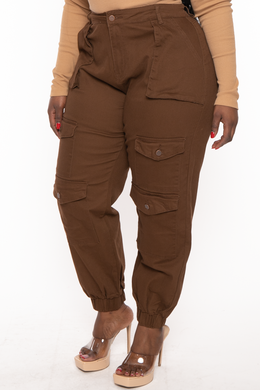 American Bazi Jeans Plus Size  High Rise Multi Pocket Jogger -Brown
