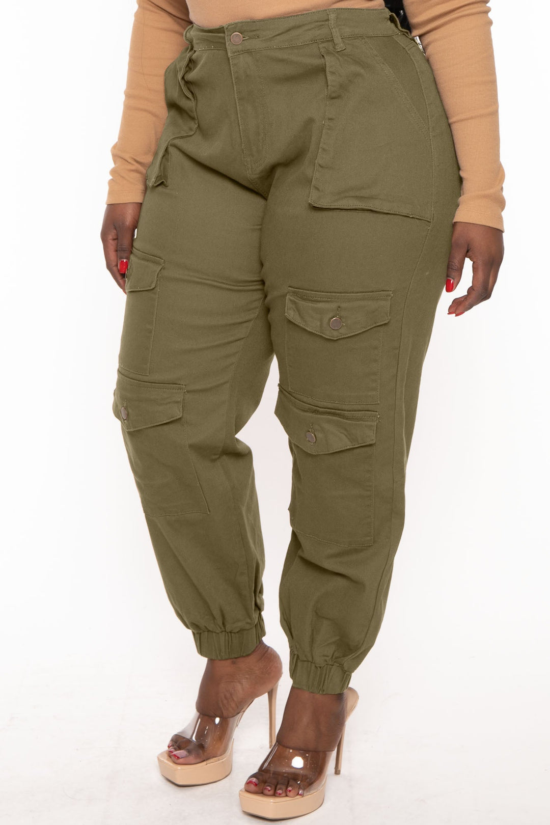 American Bazi Jeans 1X / Olive Plus Size  High Rise Multi Pocket Jogger -Olive