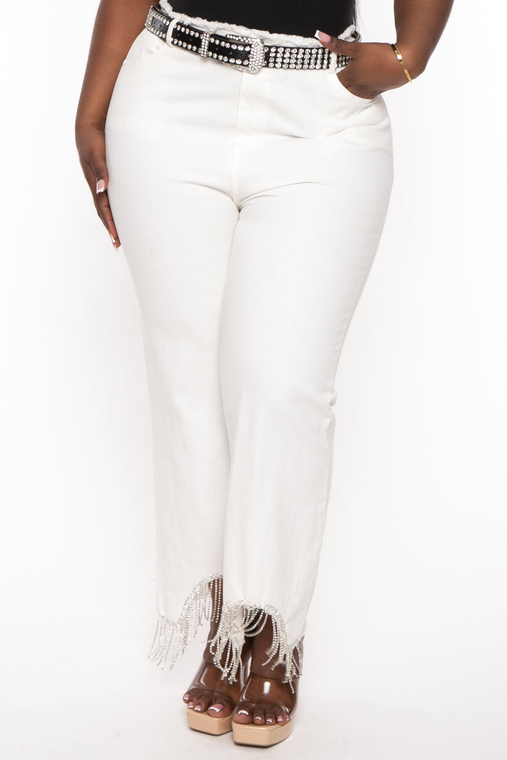 GEE GEE Jeans Plus Size High Waisted Rhinestone Denim Pants - White