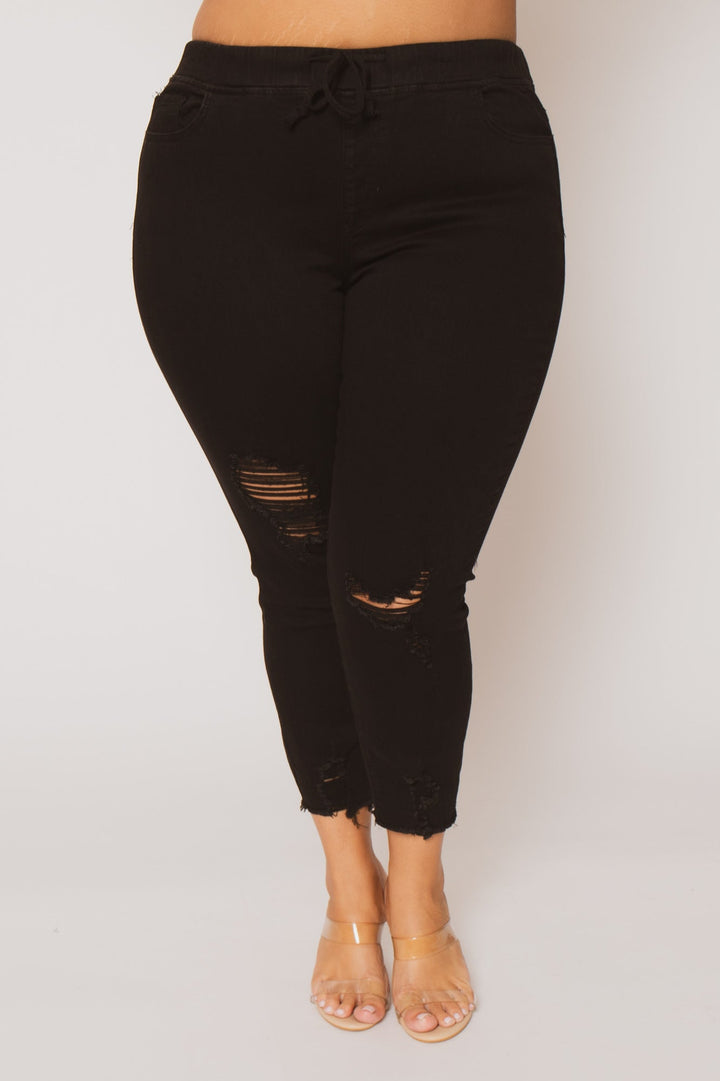 YMI Jeans Plus Size Layla Distressed Jogger Jeans- Black