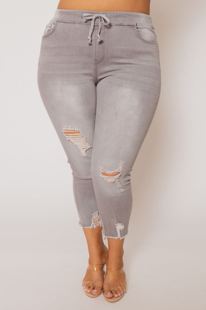 YMI Jeans Plus Size Layla Distressed Jogger Jeans-  Grey