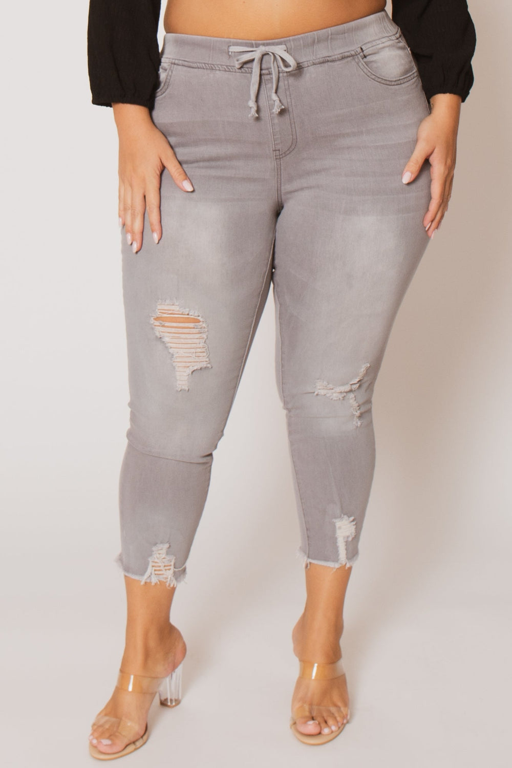 YMI Jeans Plus Size Layla Distressed Jogger Jeans-  Grey