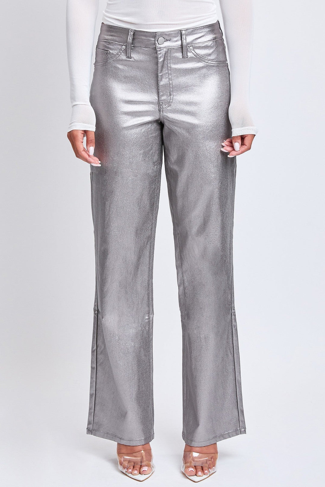 YMI Jeans Plus Size Rise Straight Leg Metallic Jeans- Silver