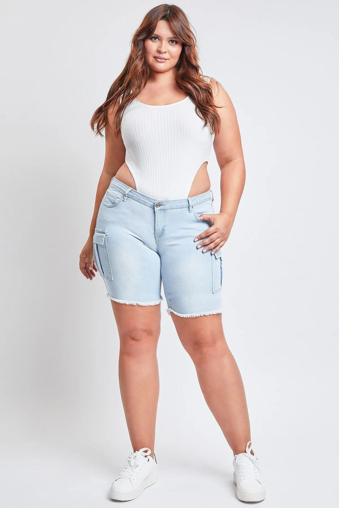 YMI Jeans Plus Size Tiffany Low Rise Cargo Bermuda W/Frayed Hem- Light Wash