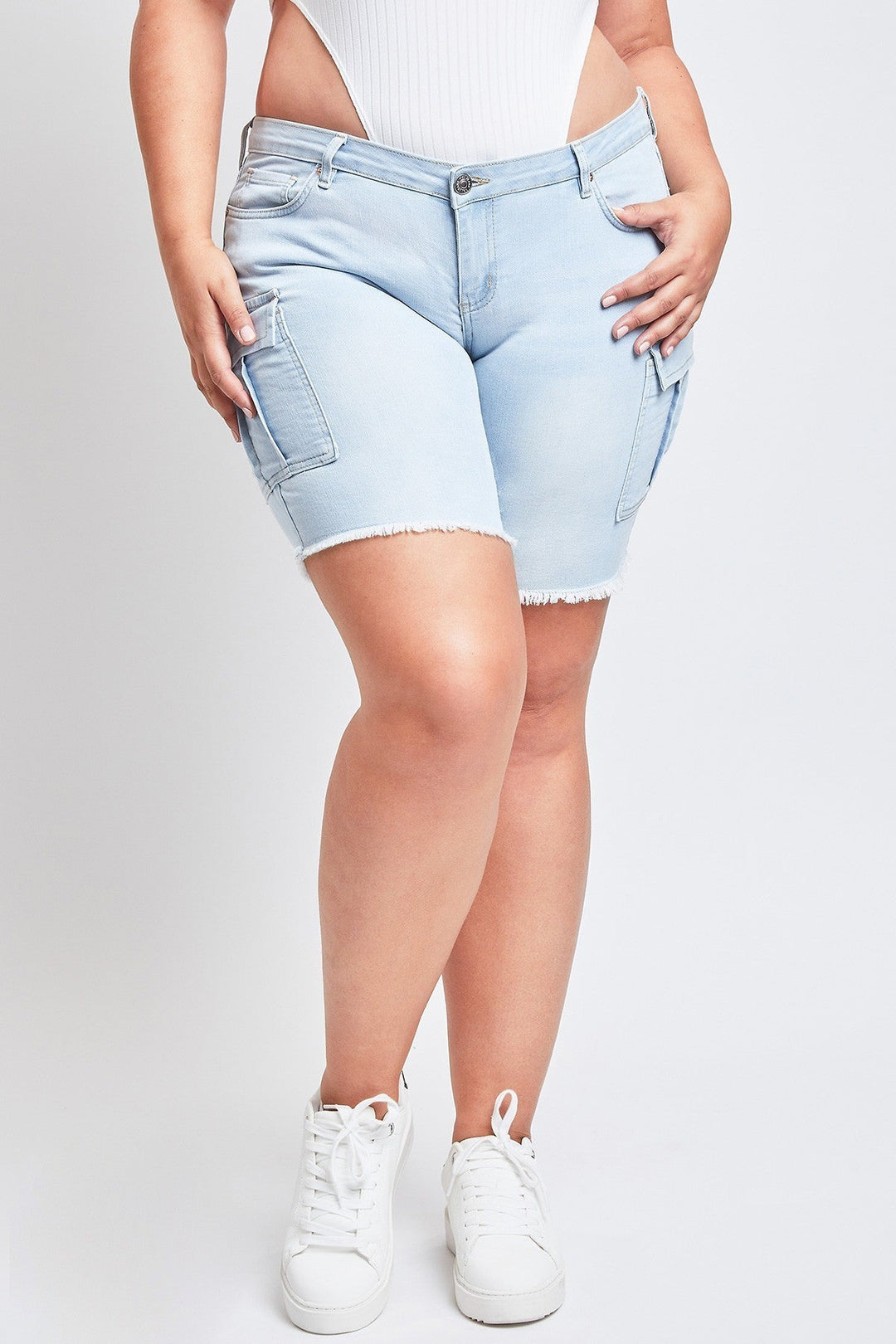 YMI Jeans Plus Size Tiffany Low Rise Cargo Bermuda W/Frayed Hem- Light Wash