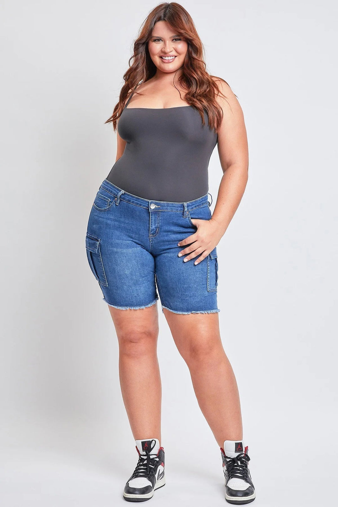 YMI Jeans Plus Size Tiffany Low Rise Cargo Bermuda W/Frayed Hem- Medium Wash