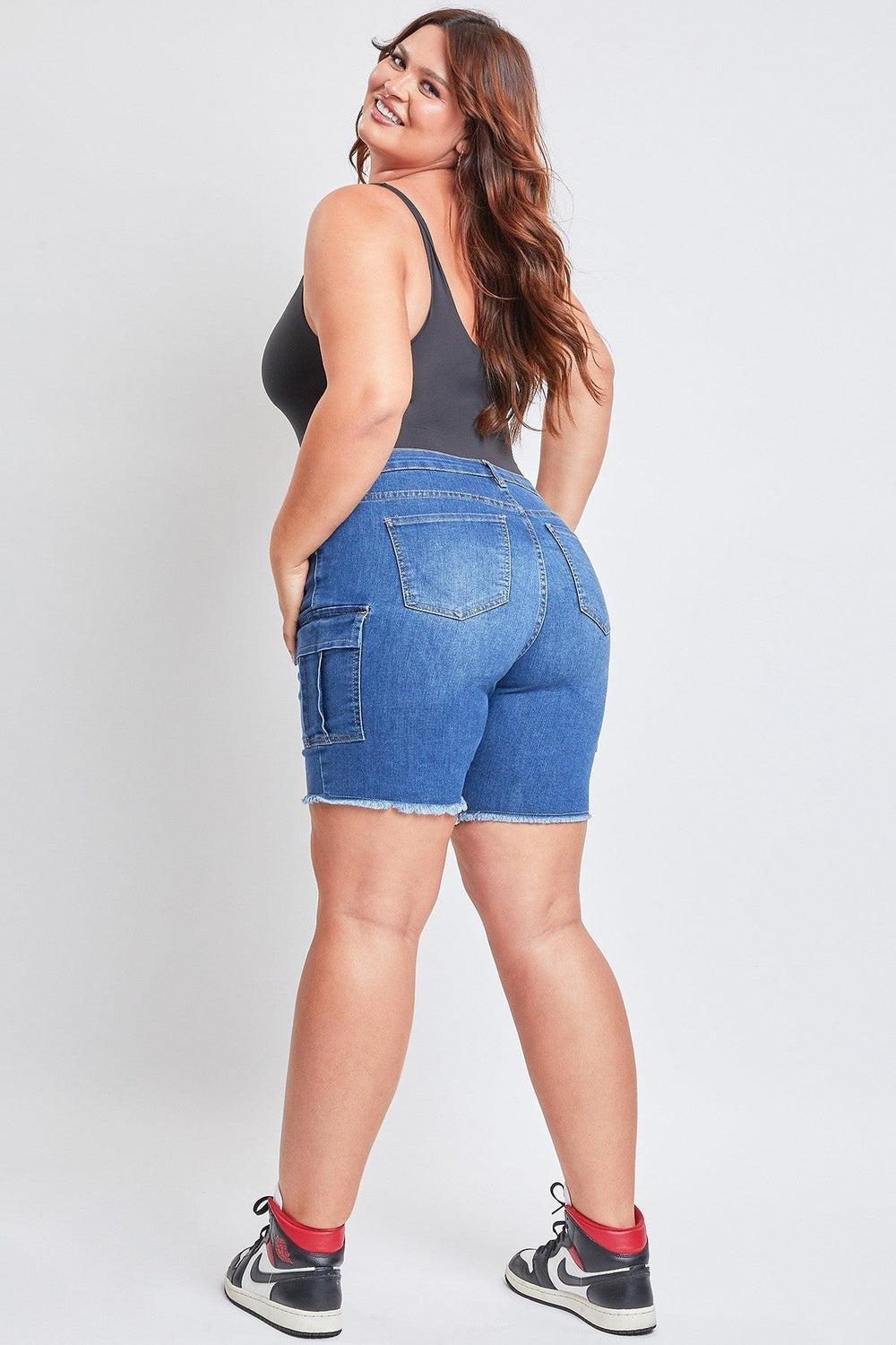 YMI Jeans Plus Size Tiffany Low Rise Cargo Bermuda W/Frayed Hem- Medium Wash