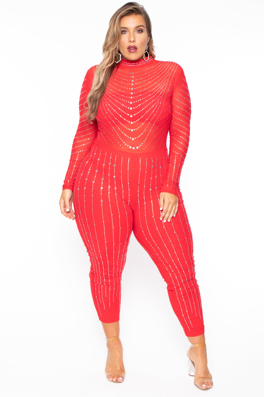 J OUR Jumpsuits and Rompers 1X / Red Plus Size 14K Sheer Mesh Rhinestone Jumpsuit - Red